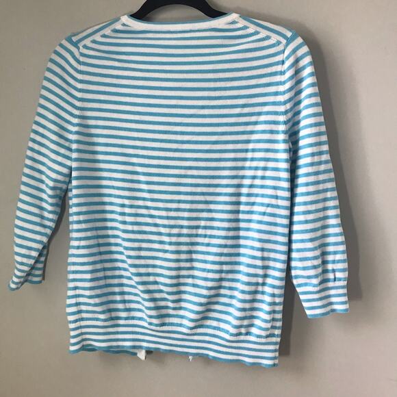 Talbots small blue white striped 3/4 sleeve embroidered button up knit cardigan - Picture 2 of 9